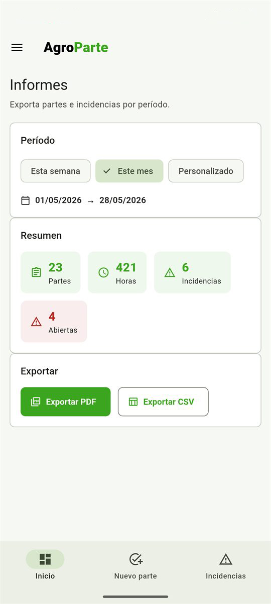 Informes y exportación PDF CSV en AgroParte