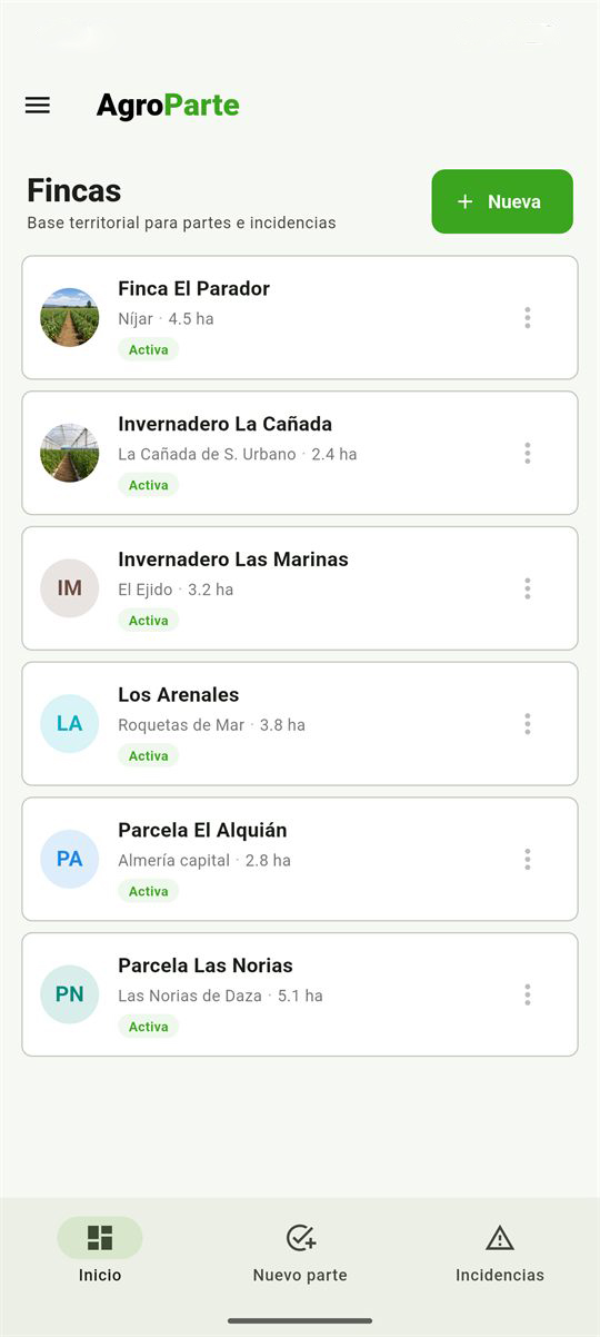 Listado de fincas agrícolas en AgroParte