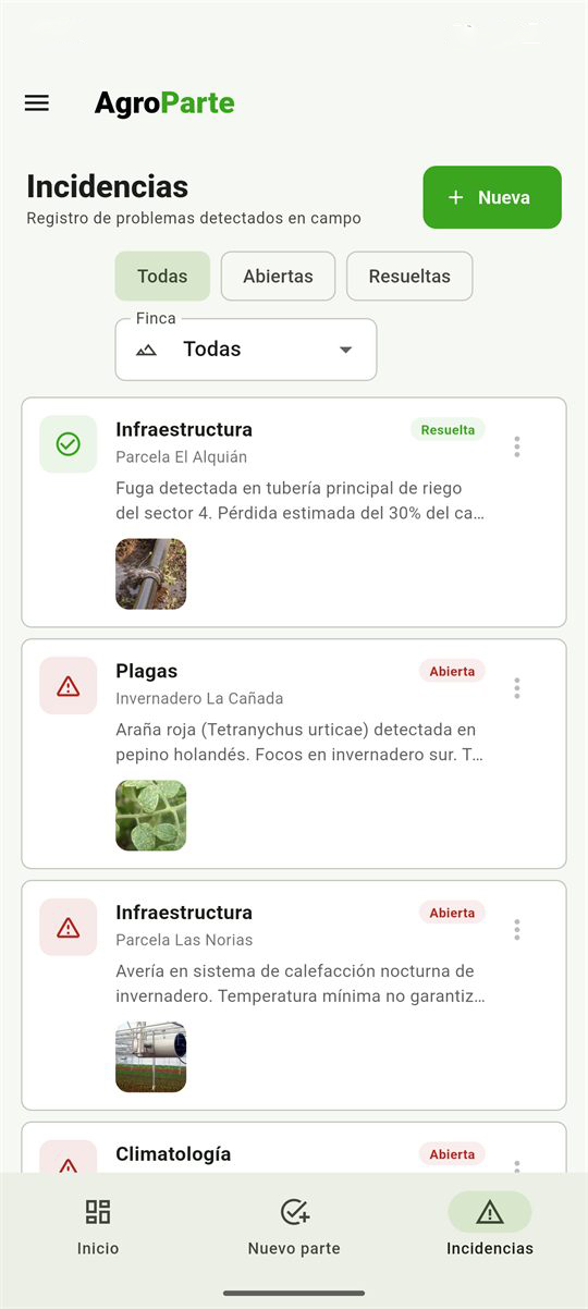 Listado de incidencias agrícolas en AgroParte