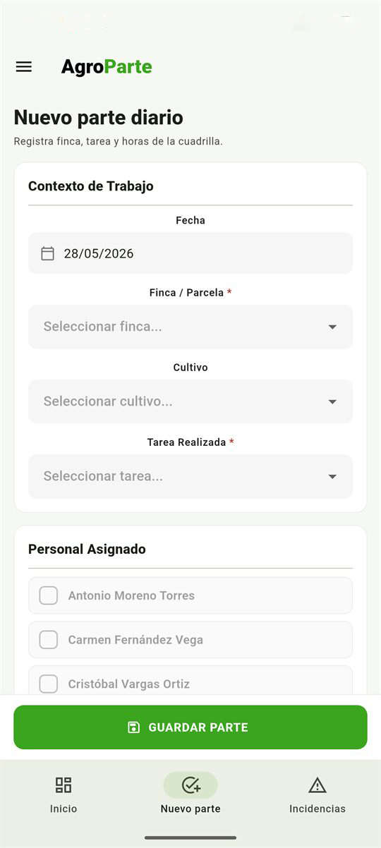 Formulario de nuevo parte diario en AgroParte