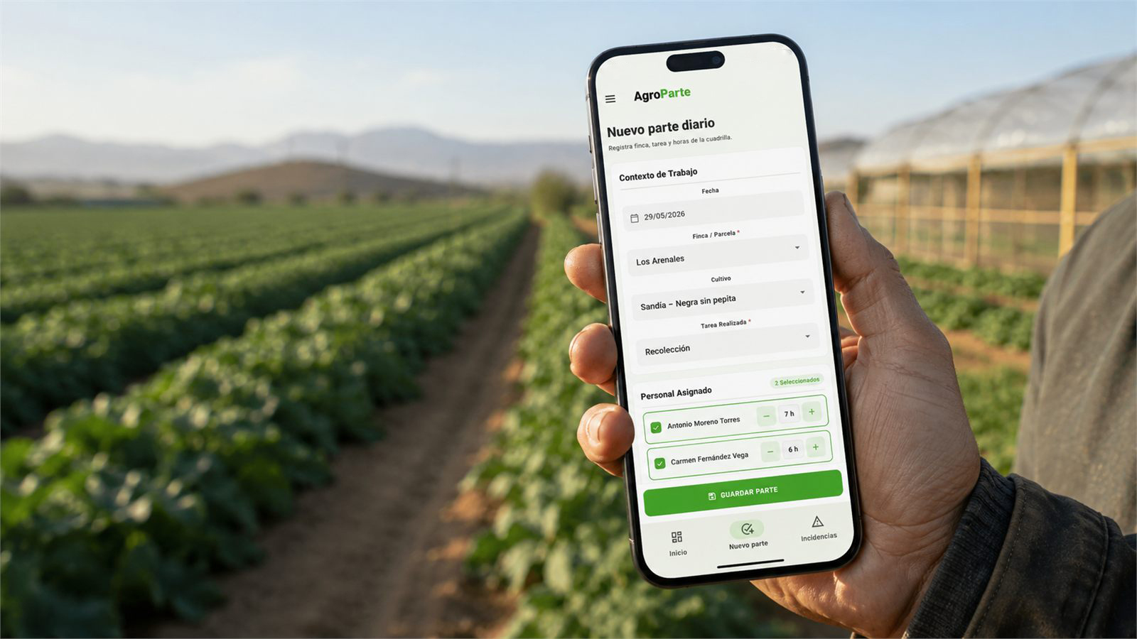 AgroParte abierto en un móvil para registrar un parte diario agrícola en campo